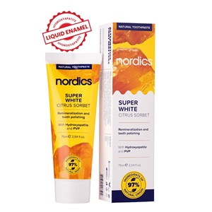 PASTA DO ZĘBÓW REMINERALIZUJĄCA SUPER WHITE Z PŁYNNYM SZKLIWEM BEZ FLUORU 75 ml - NORDICS