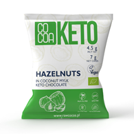 ORZECHY LASKOWE W CZEKOLADZIE KETO Z OLEJEM MCT BEZ DODATKU CUKRÓW BEZGLUTENOWE BIO 70 g - COCOA