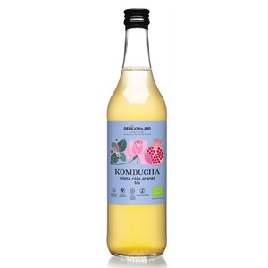 KOMBUCHA Z MIĘTĄ, RÓŻĄ I GRANATEM BIO 500 ml - DELIKATNA (ZAKWASOWNIA)