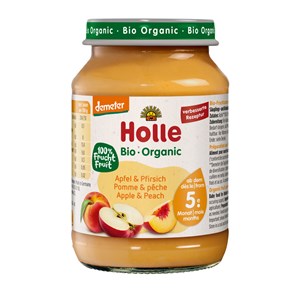 JABŁKO - BRZOSKWINIA BEZ DODATKU CUKRÓW BEZGLUTENOWE OD 5 MIESIĄCA DEMETER BIO 190 g (SŁOIK) - HOLLE