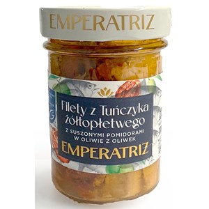 TUŃCZYK ŻÓŁTOPŁETWY FILETY MSC W OLIWIE Z OLIWEK Z SUSZONYMI POMIDORAMI 180 g (120 g) (SŁOIK) - EMPERATRIZ